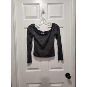 Hollister Black Gray Heather Open-Shoulder Flow Top Scalloped‎ hem Size Medium